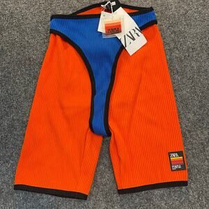 Brand New Zara Magazine Women's Large Vibrant Orange Blue Cycling Biker Shorts
